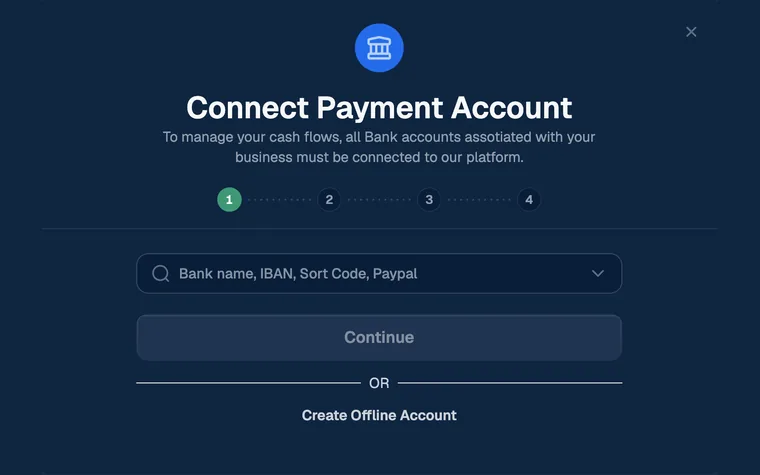 Dialog in FinBuffer zum Verbinden eines Geschäftskontos per Bankname oder IBAN, alternativ mit Offline-Konto
