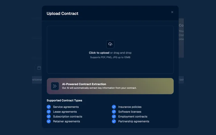 Upload-Dialog in FinBuffer für Verträge mit KI-gestützter Vertragsauslese und einer Liste unterstützter Vertragsarten